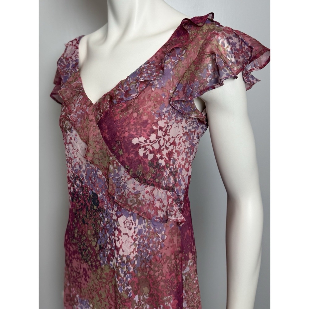 Y2K Dress 7/8 Pink Floral Chiffon Ruffle Whimsigoth Grunge Fairycore Coquette - Picture 3 of 8